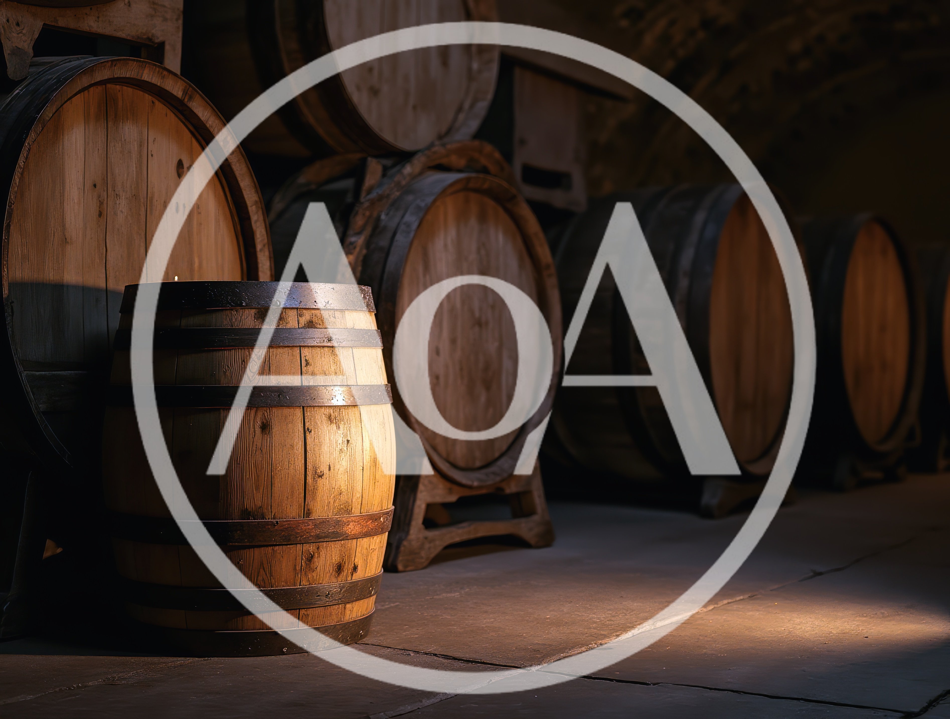Wooden Wine Barrels Stored In A Dimly Lit Cellar