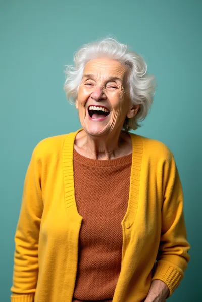 Happy Elderly Woman Laughing Against Teal Background