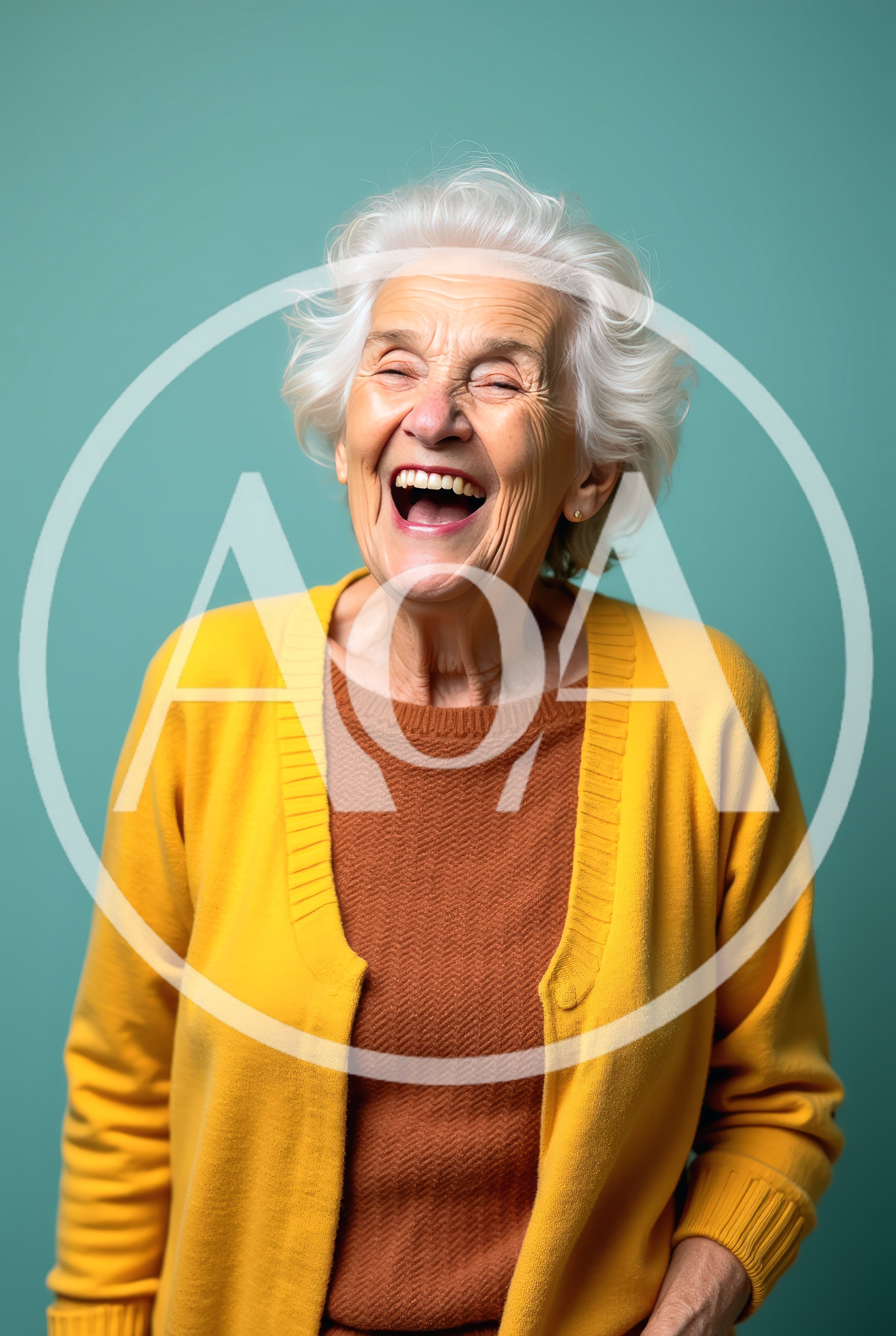 Happy Elderly Woman Laughing Against Teal Background