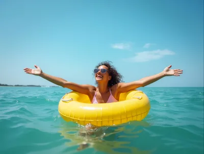 Happy Woman Floating In Yellow Inner Tube In Ocean