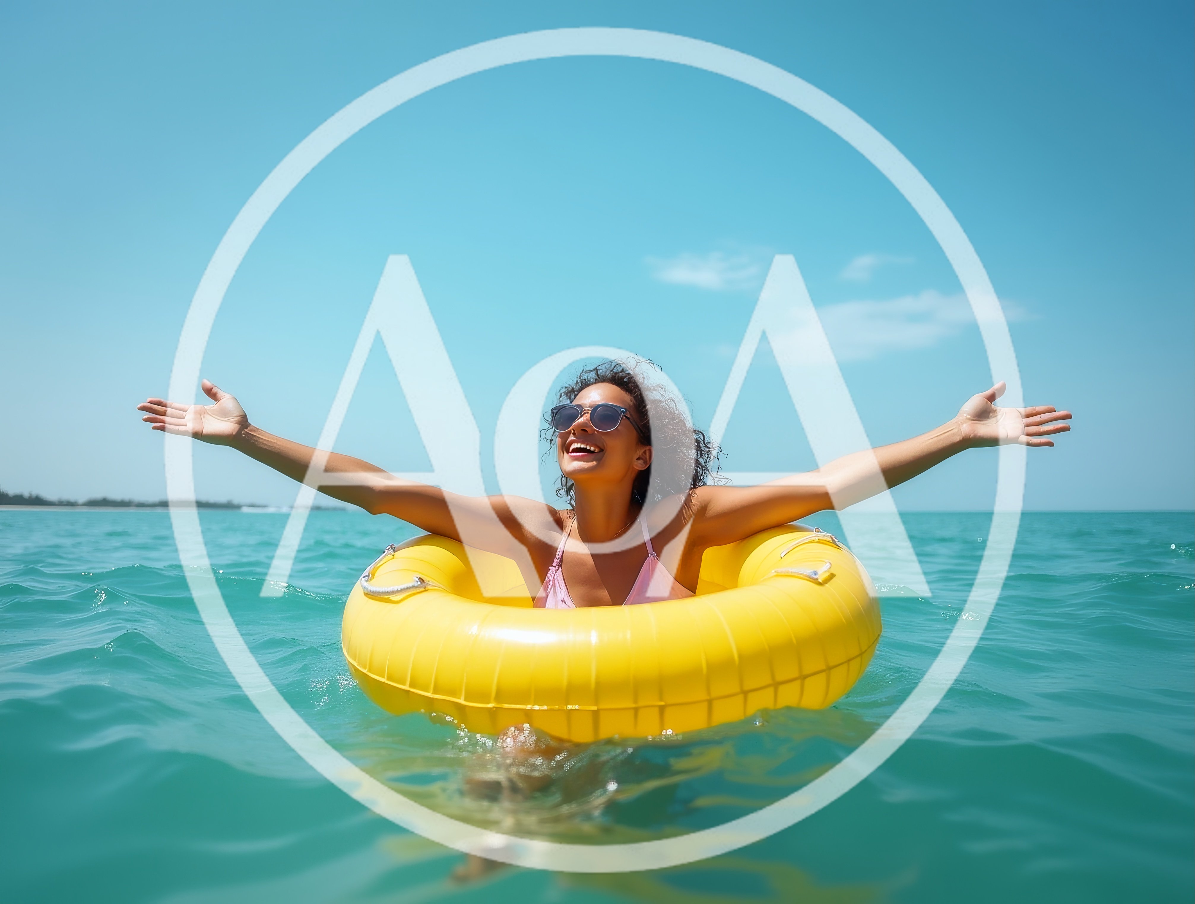 Happy Woman Floating In Yellow Inner Tube In Ocean