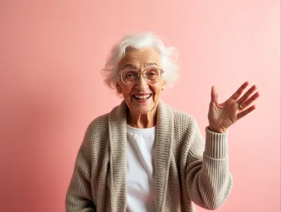 Cheerful Elderly Woman Waving Hello Against Pink Background