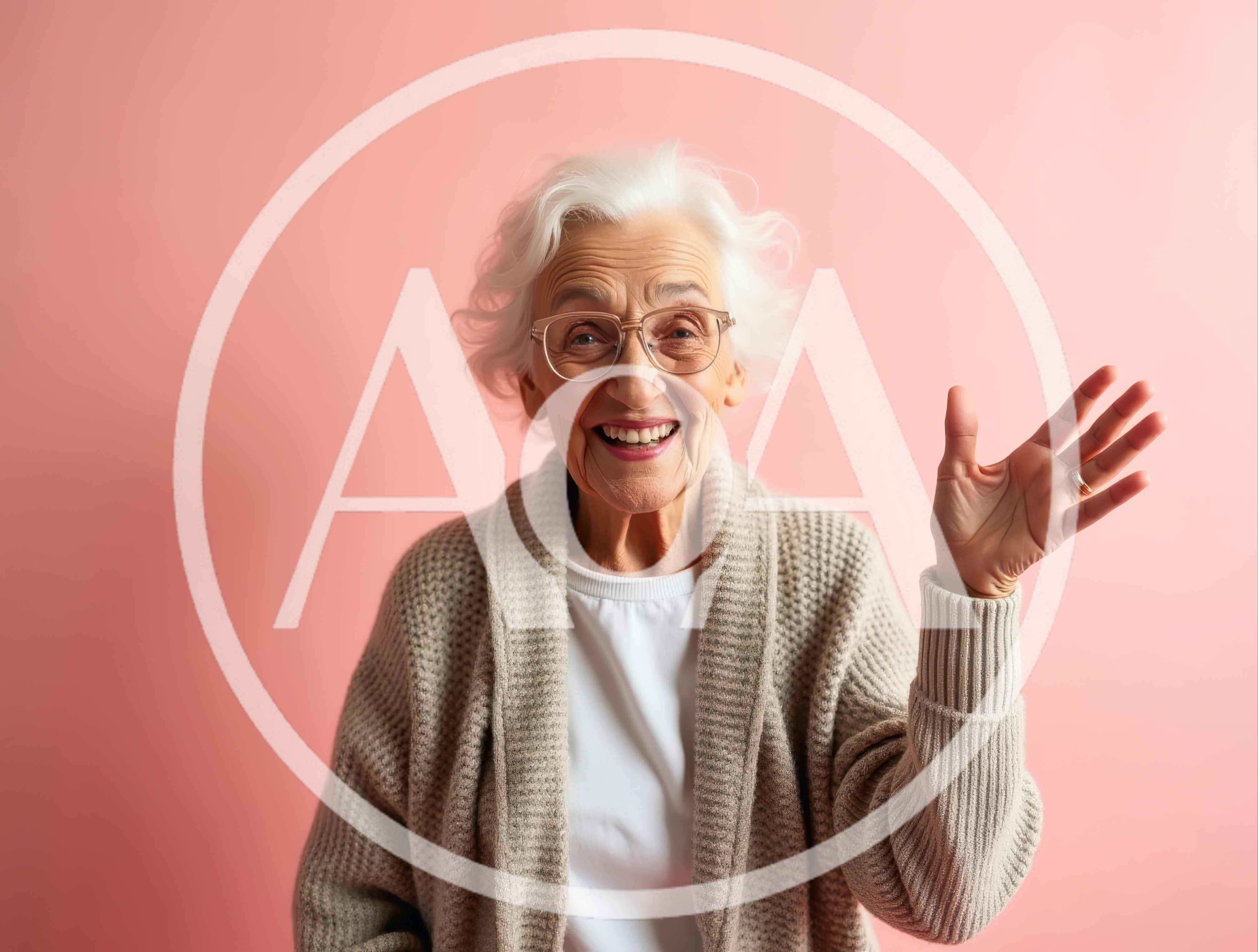 Cheerful Elderly Woman Waving Hello Against Pink Background