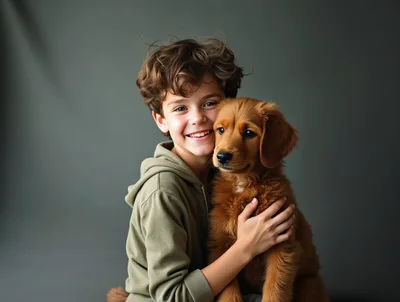 Young Boy Hugging His Golden Retriever Puppy