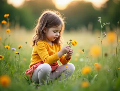 Little Girl Picking Wildflowers in a Sunny Meadow