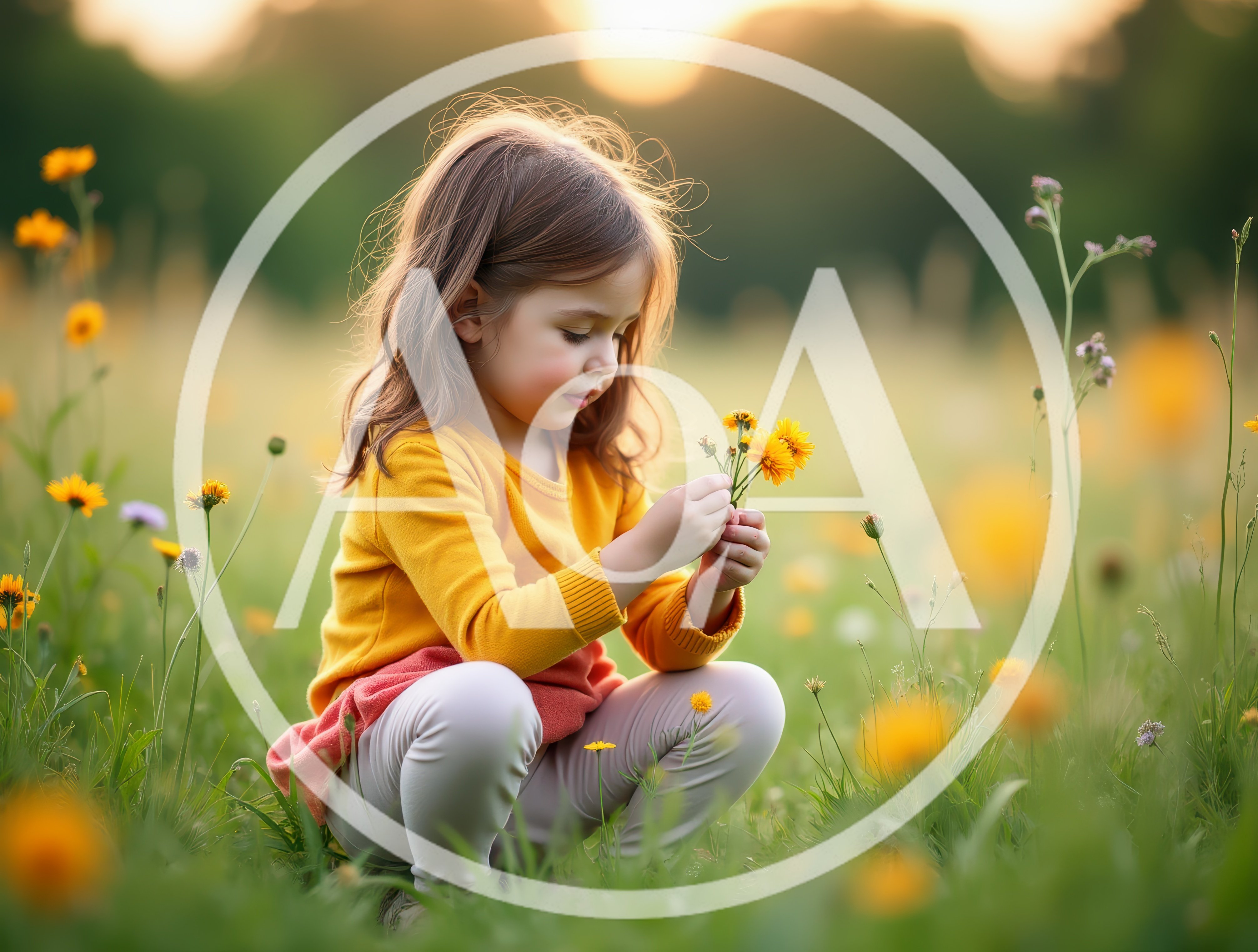 Little Girl Picking Wildflowers in a Sunny Meadow