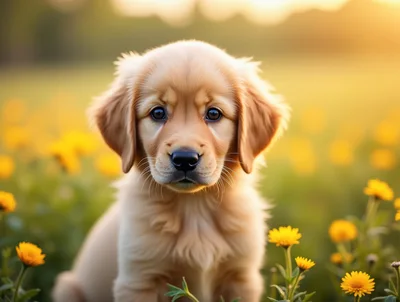 Adorable Golden Retriever Puppy Sitting In A Flower Field