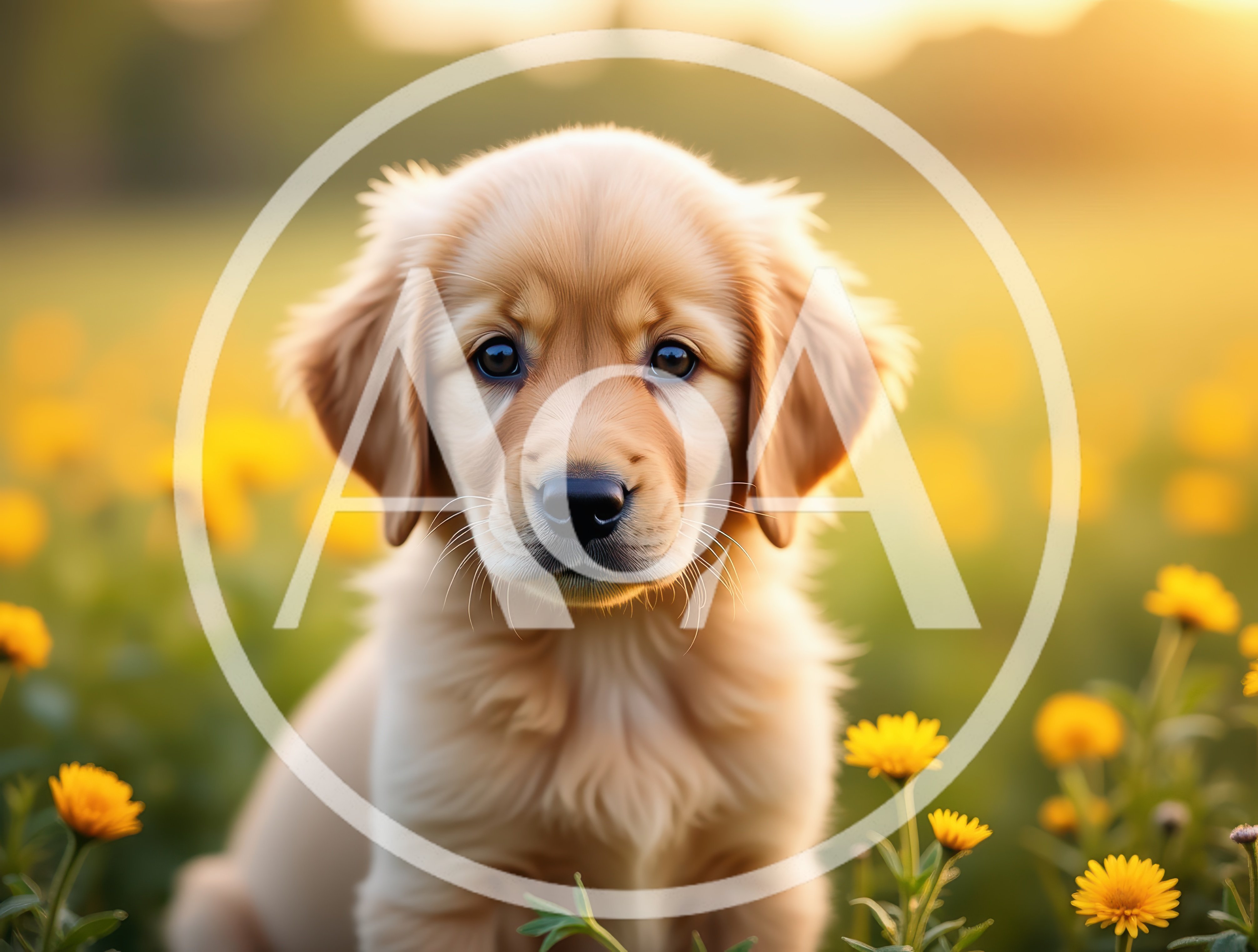 Adorable Golden Retriever Puppy Sitting In A Flower Field