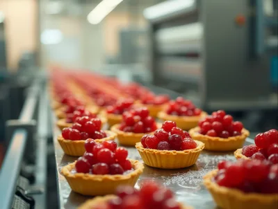 Cranberry Tarts Moving Along Industrial Food Production Conveyor Belt