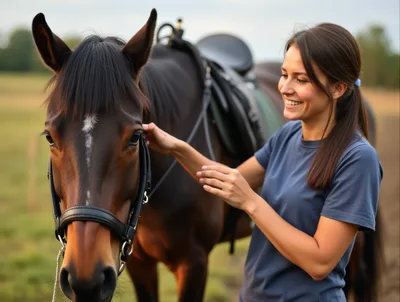 Young Woman Petting Her Horse In A Field