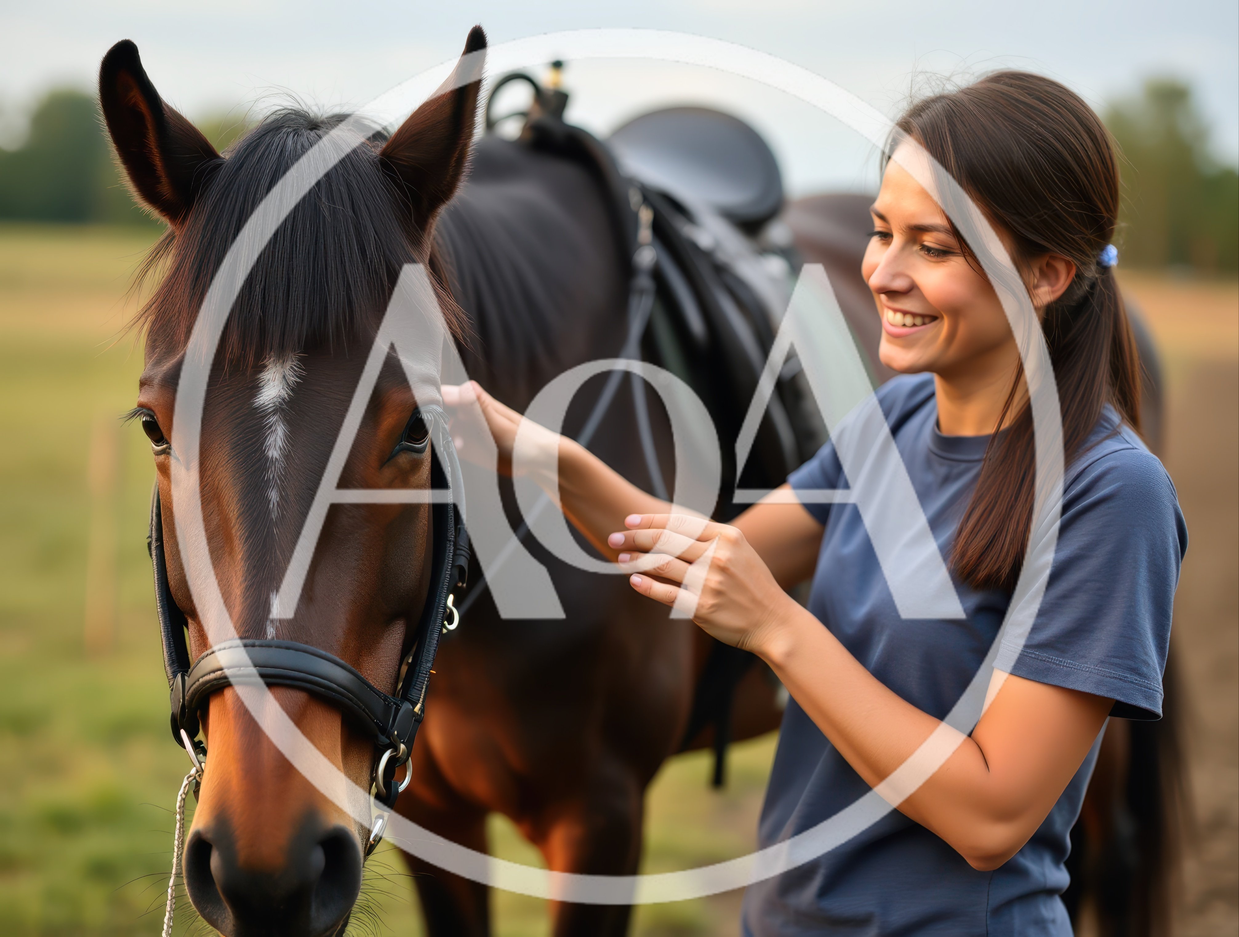 Young Woman Petting Her Horse In A Field