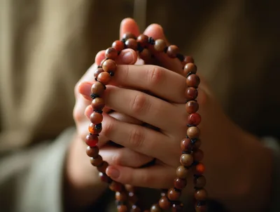 Close Up Of Hands Holding Prayer Beads