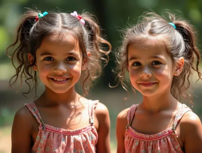 Two Young Twin Sisters Smiling Outdoors