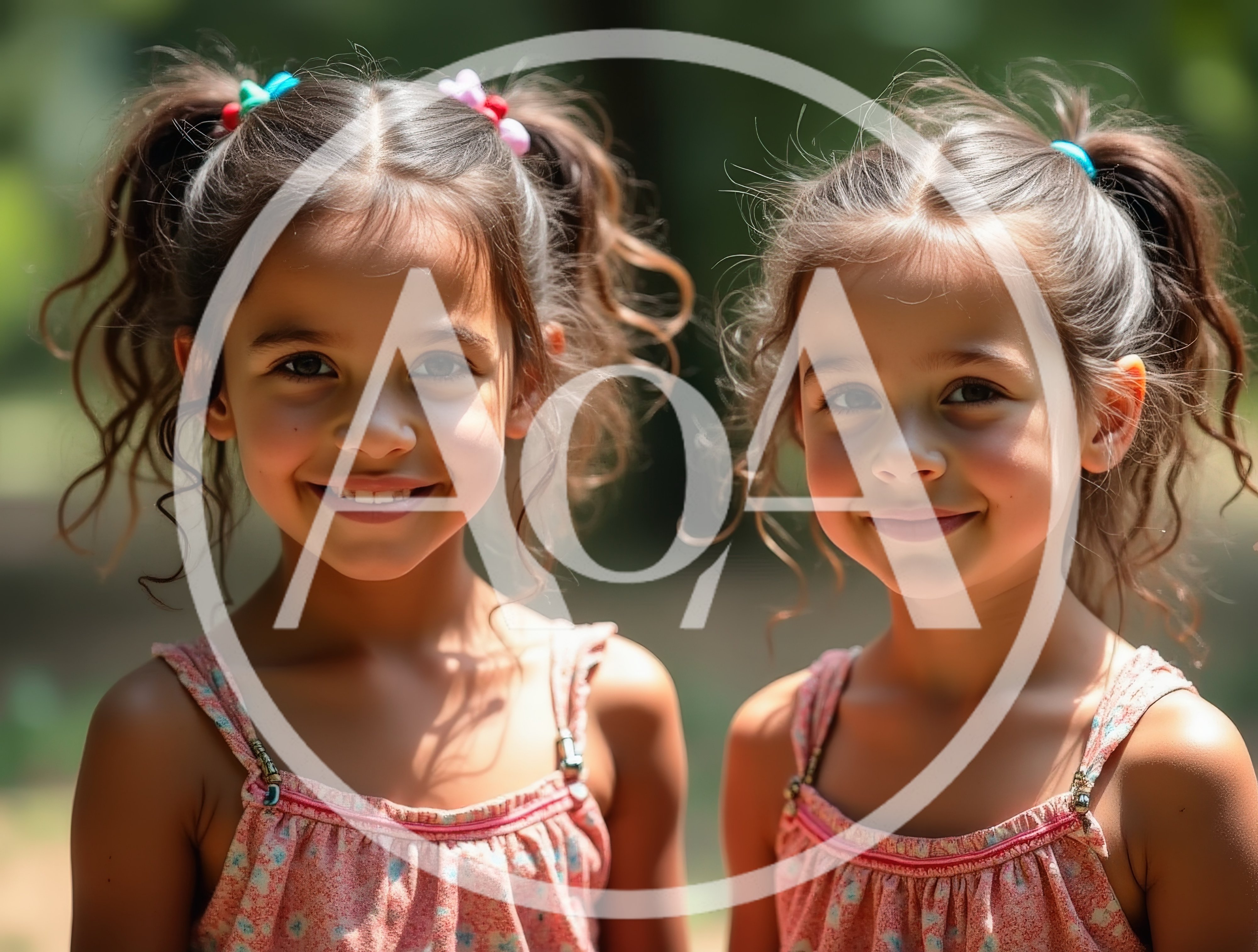 Two Young Twin Sisters Smiling Outdoors