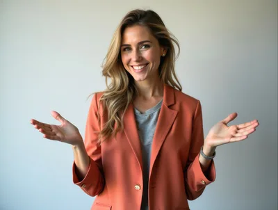Smiling Businesswoman Gesturing With Open Hands