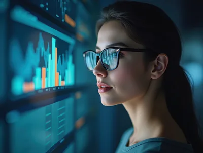 Young Woman Analyzing Financial Data On Digital Screens