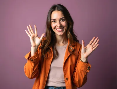 Smiling Woman Gesturing With Open Hands Against Purple Background