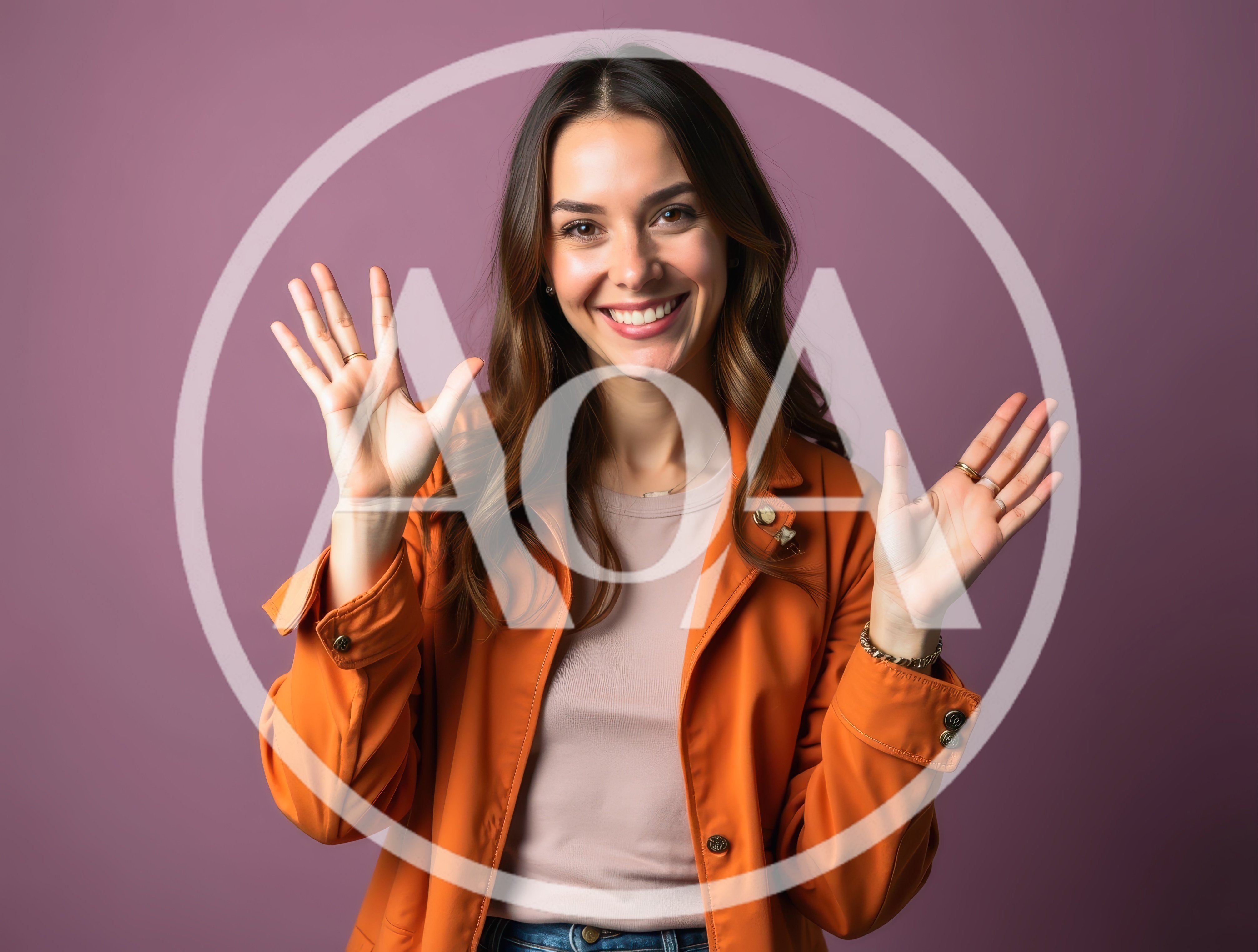 Smiling Woman Gesturing With Open Hands Against Purple Background