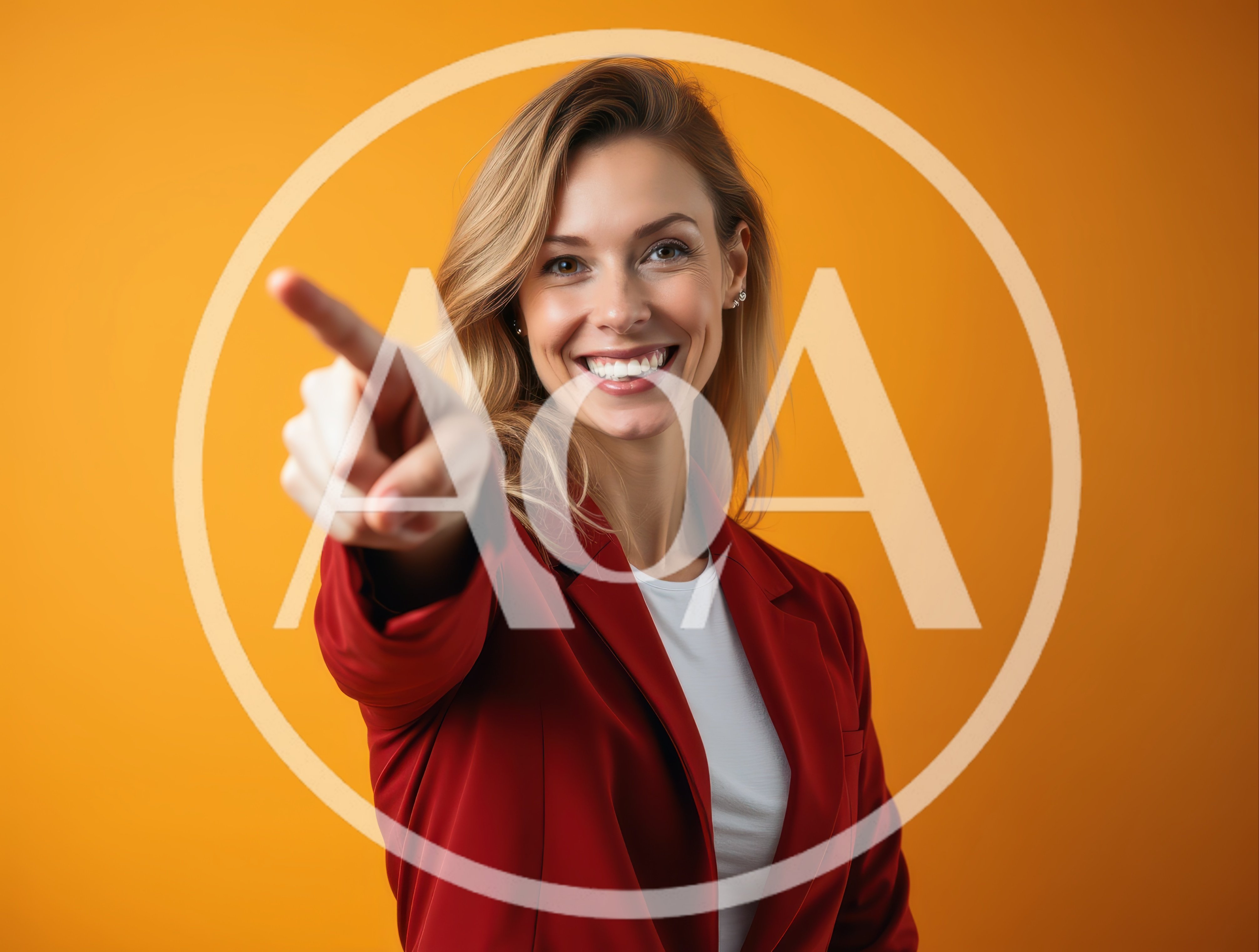 Smiling Businesswoman Pointing Forward Against Yellow Background