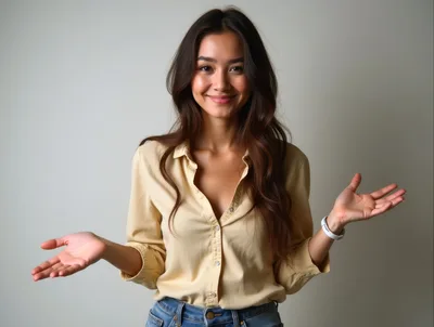 Young Woman Gesturing With Open Palms In Studio