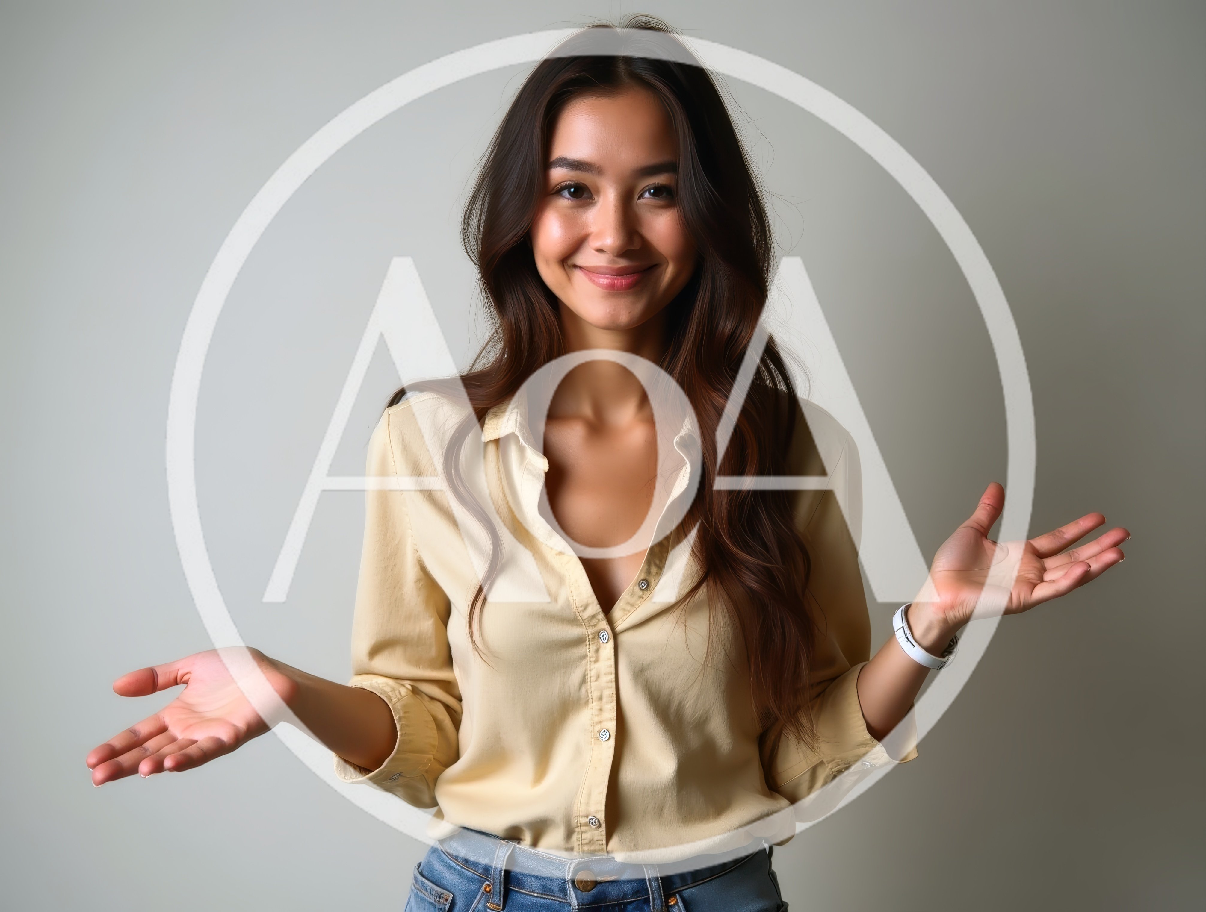 Young Woman Gesturing With Open Palms In Studio