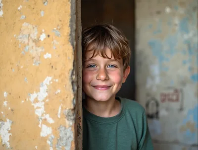 Young Boy Smiling From Behind A Textured Wall