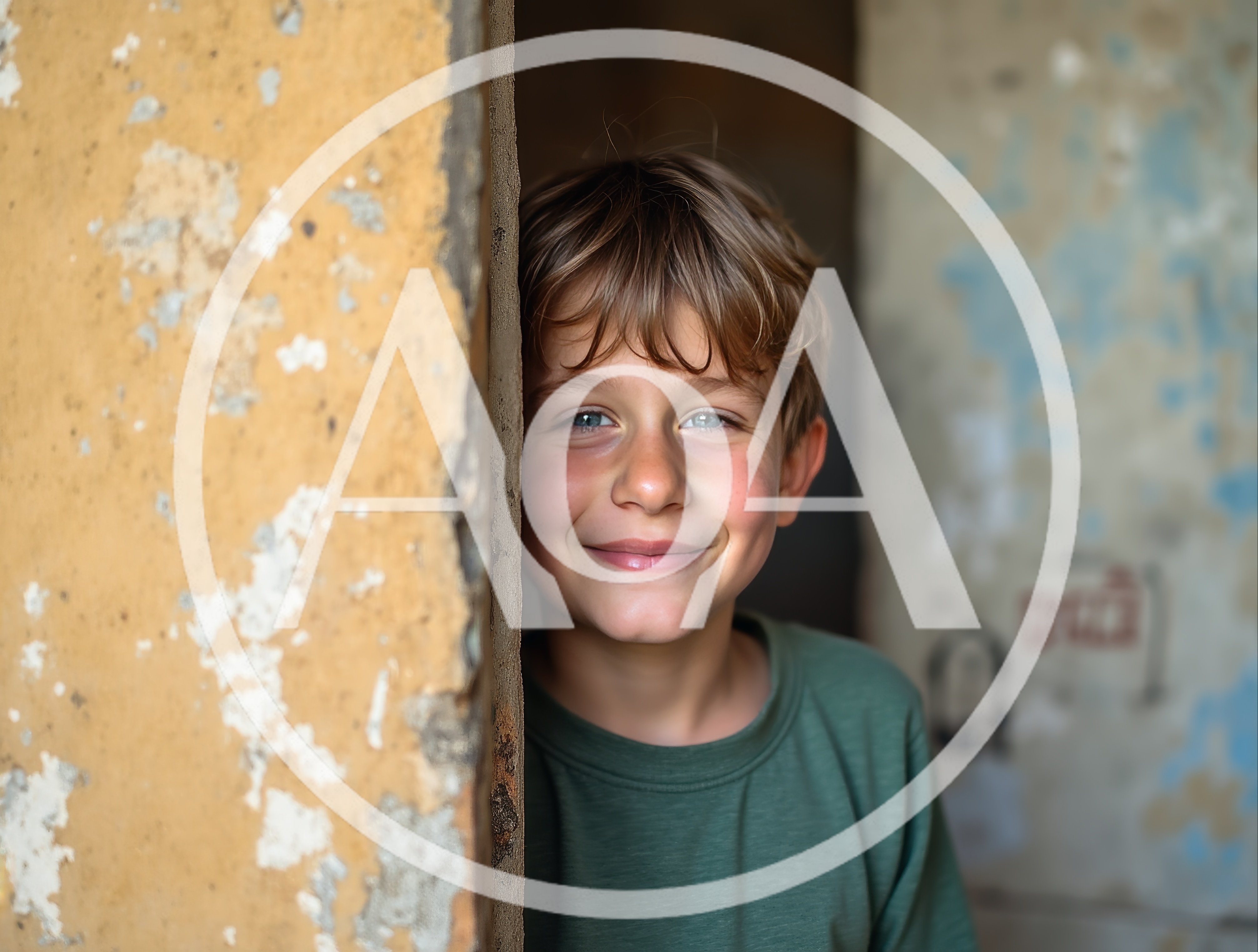 Young Boy Smiling From Behind A Textured Wall