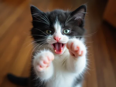 Playful Black and White Kitten Reaching Forward
