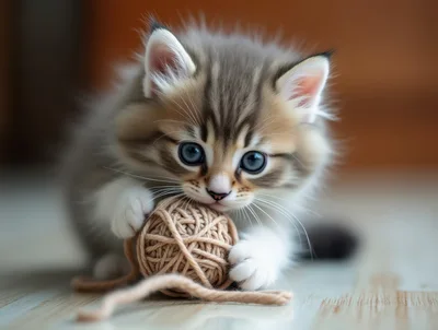 Fluffy Kitten Playing With A Ball Of Yarn