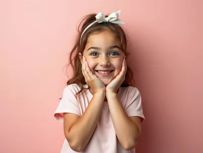Happy Young Girl With Bow Posing Against Pink Background