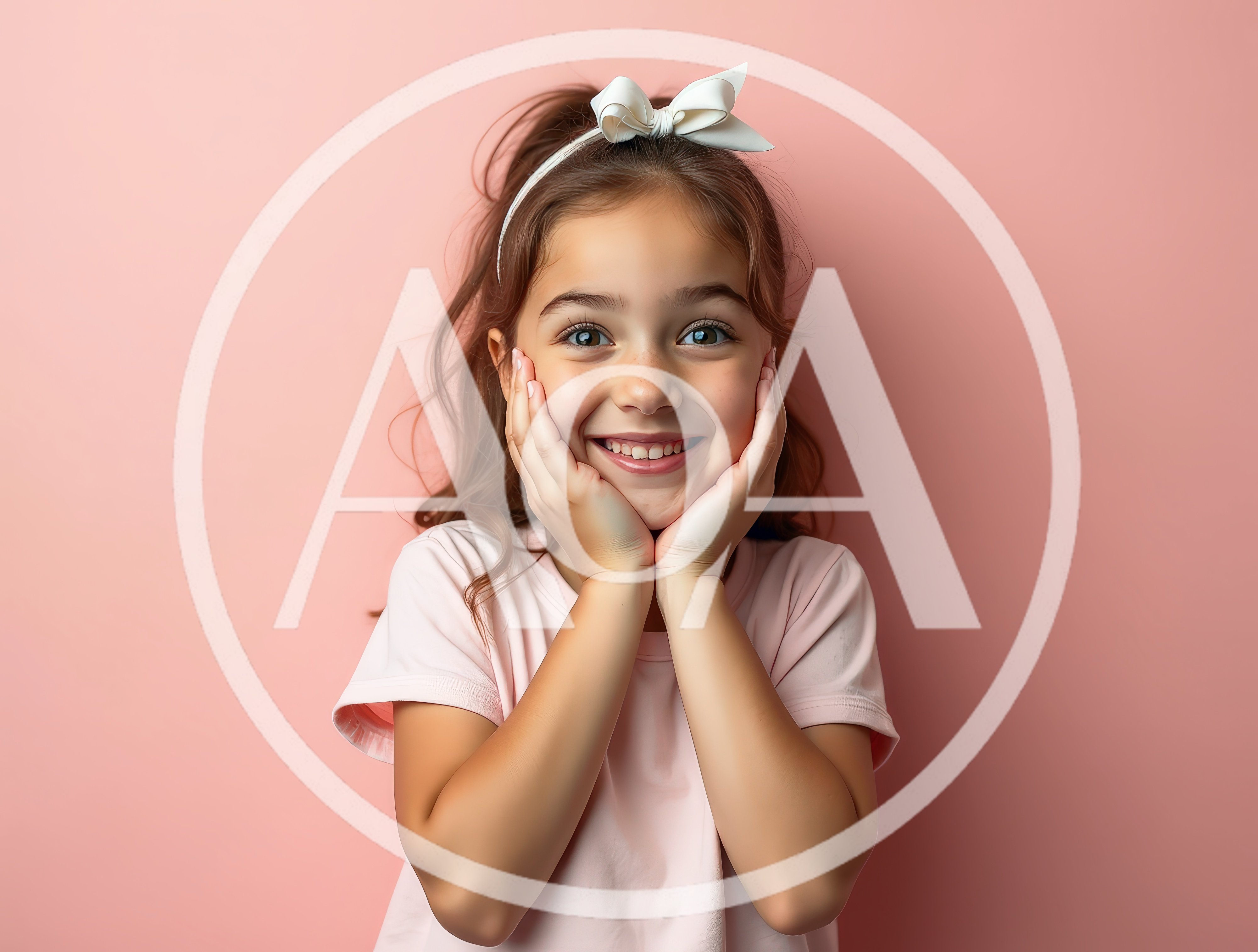 Happy Young Girl With Bow Posing Against Pink Background
