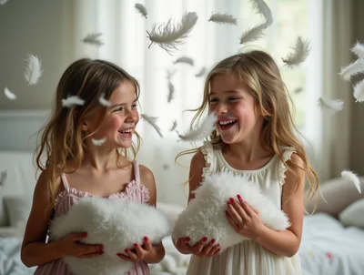 Two Happy Young Girls Playing With Feathers