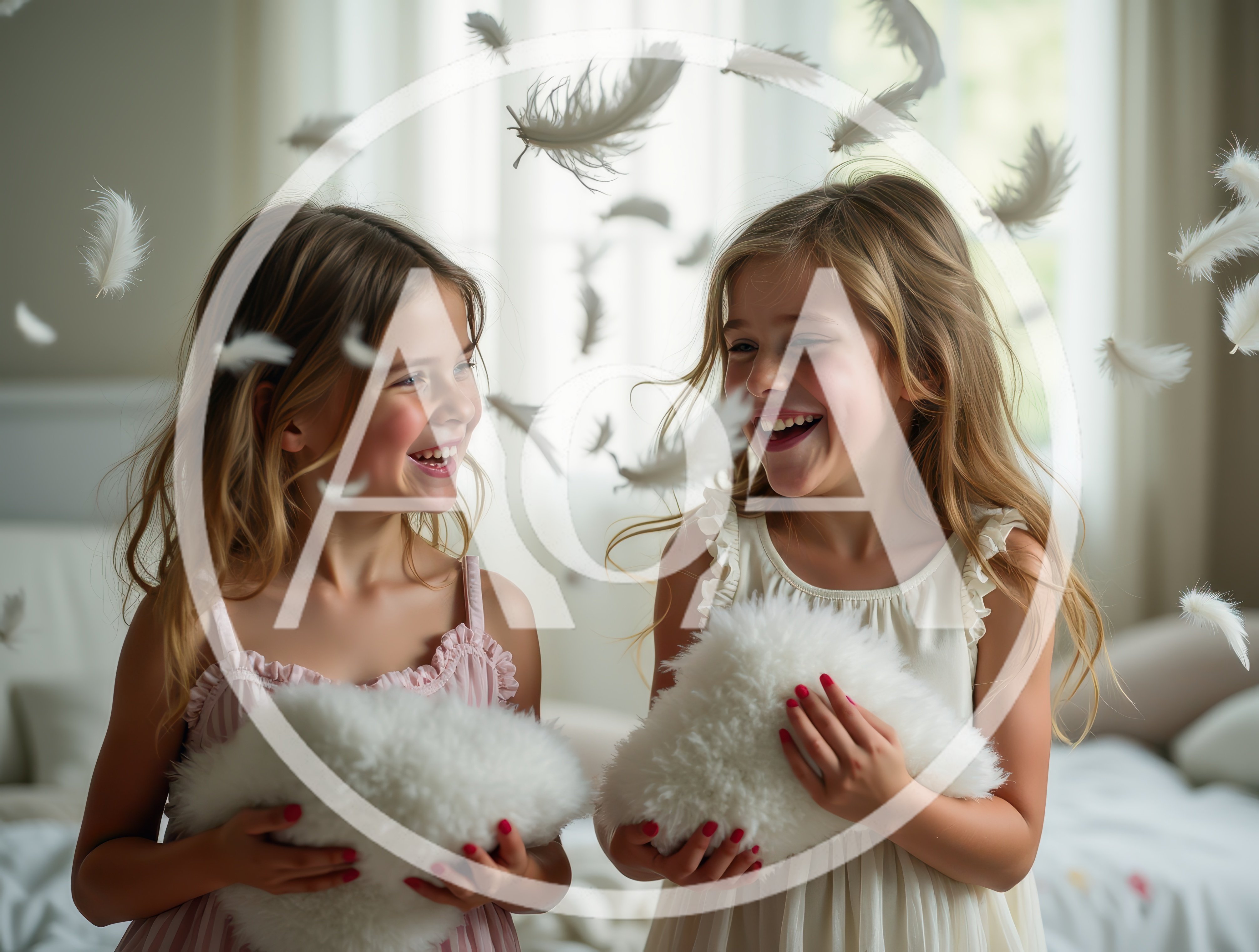 Two Happy Young Girls Playing With Feathers