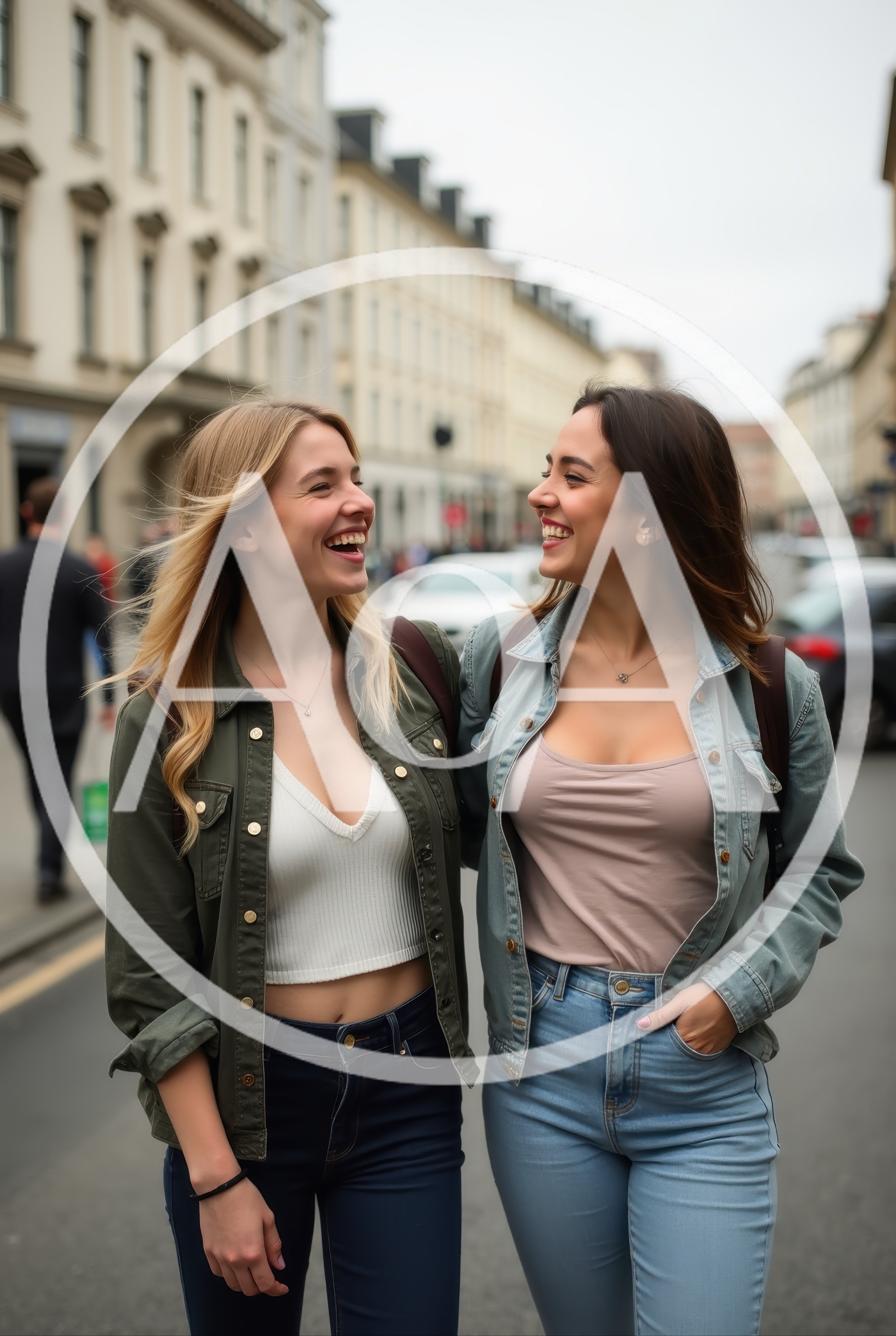 Two Happy Young Women Walking Together In City Street