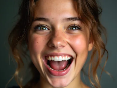 Close Up Portrait Of A Joyful Young Woman Laughing