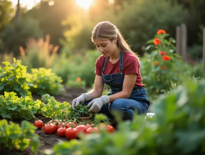 Young Woman Gardening And Harvesting Fresh Tomatoes