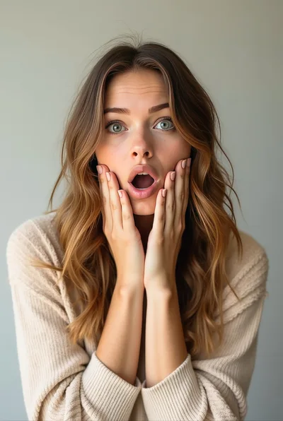 Surprised Young Woman With Hands On Her Cheeks