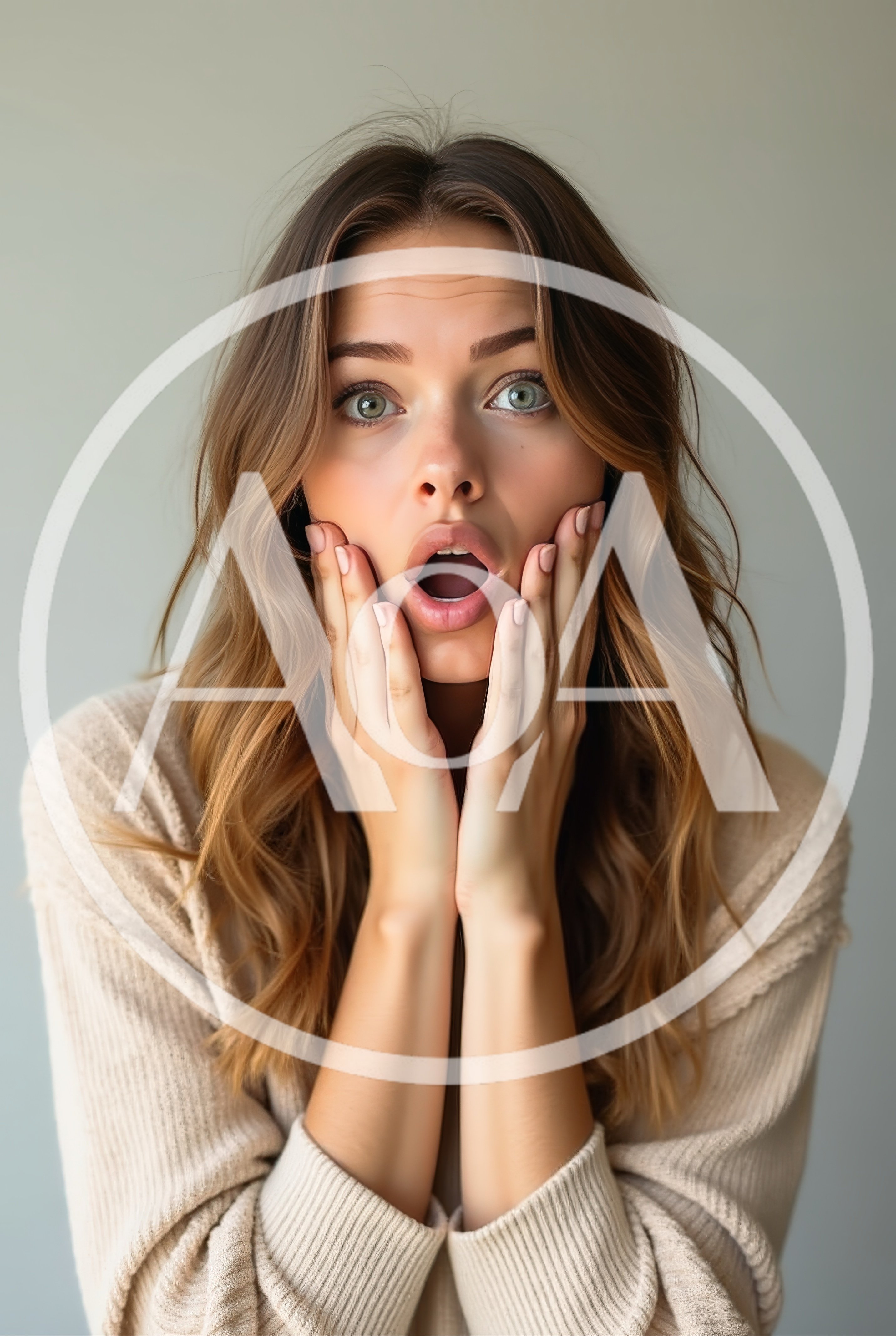 Surprised Young Woman With Hands On Her Cheeks