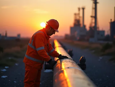 Industrial Worker Inspecting Pipeline At Sunset