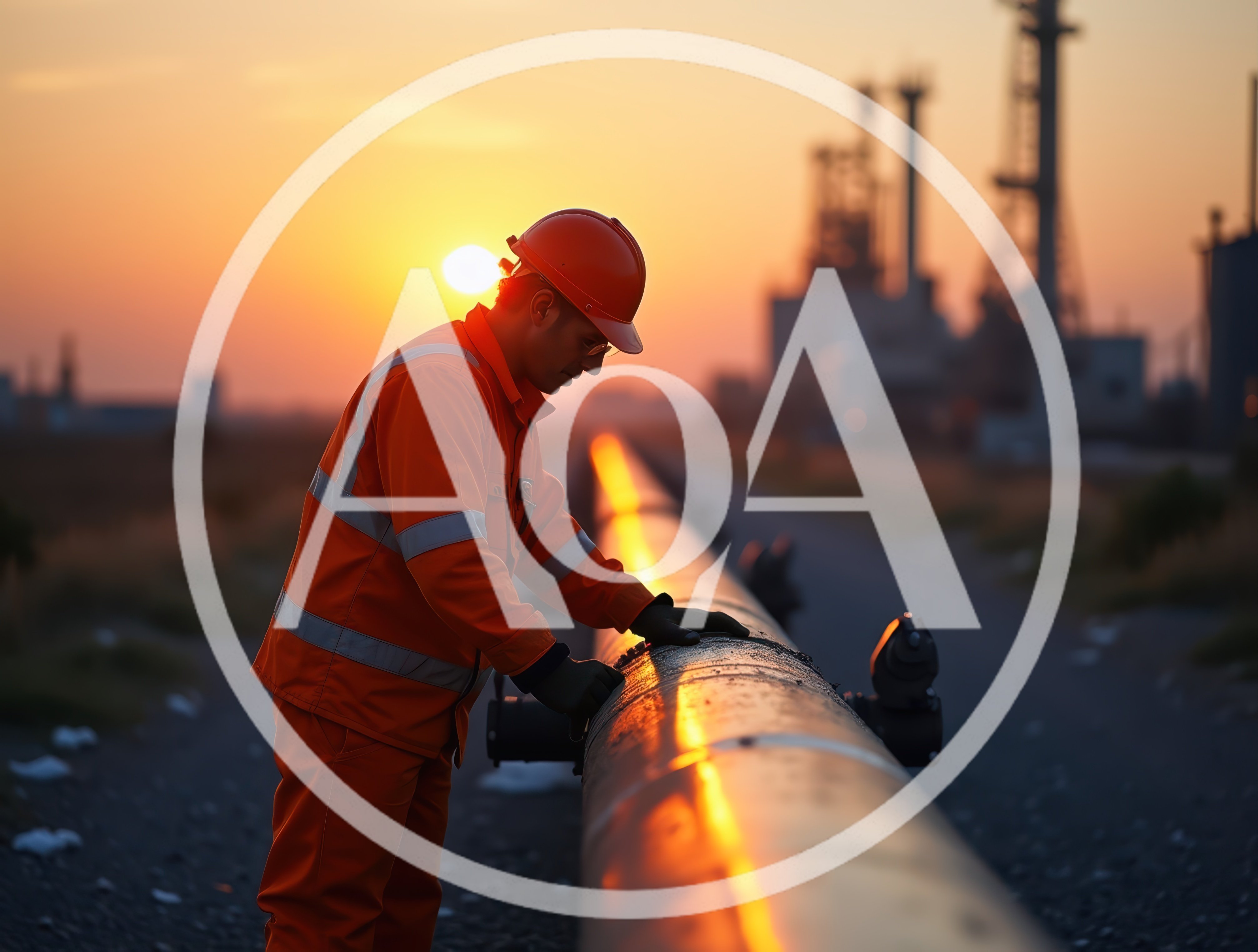Industrial Worker Inspecting Pipeline At Sunset