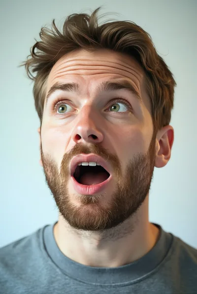Surprised Young Man With Open Mouth Looking Up