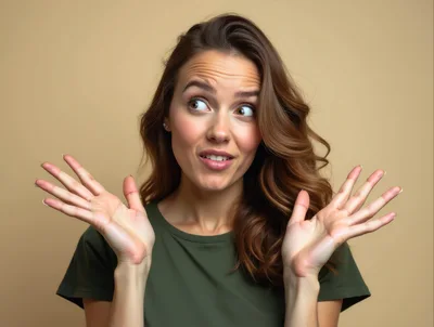 Surprised Young Woman With Wavy Hair Gesturing With Hands