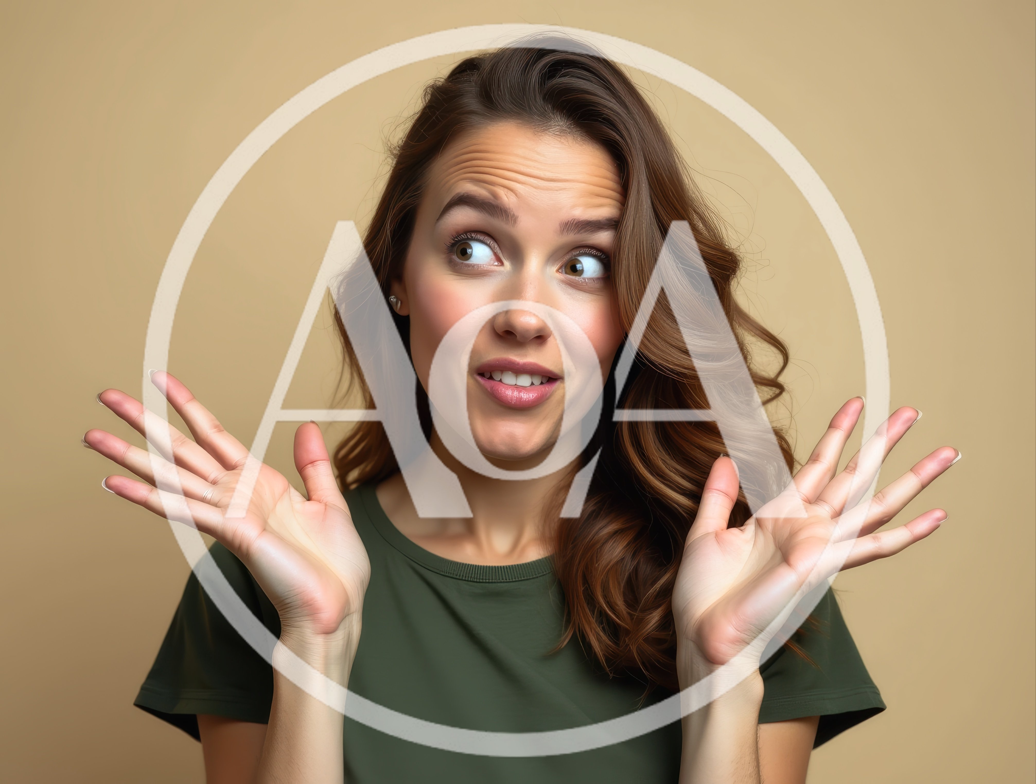 Surprised Young Woman With Wavy Hair Gesturing With Hands