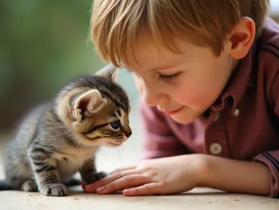 Young Boy Gently Interacting With A Small Tabby Kitten
