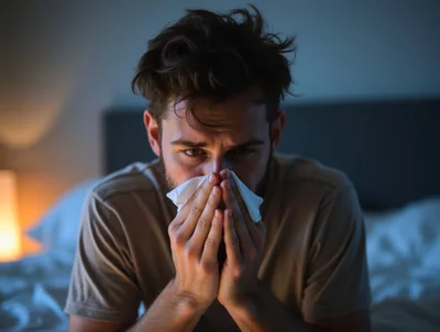 Sick Man Blowing Nose With Tissue In Bed