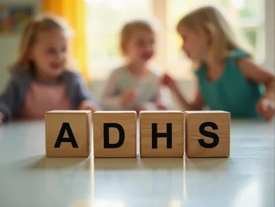 Wooden Blocks Spelling ADHS With Blurred Children In Background