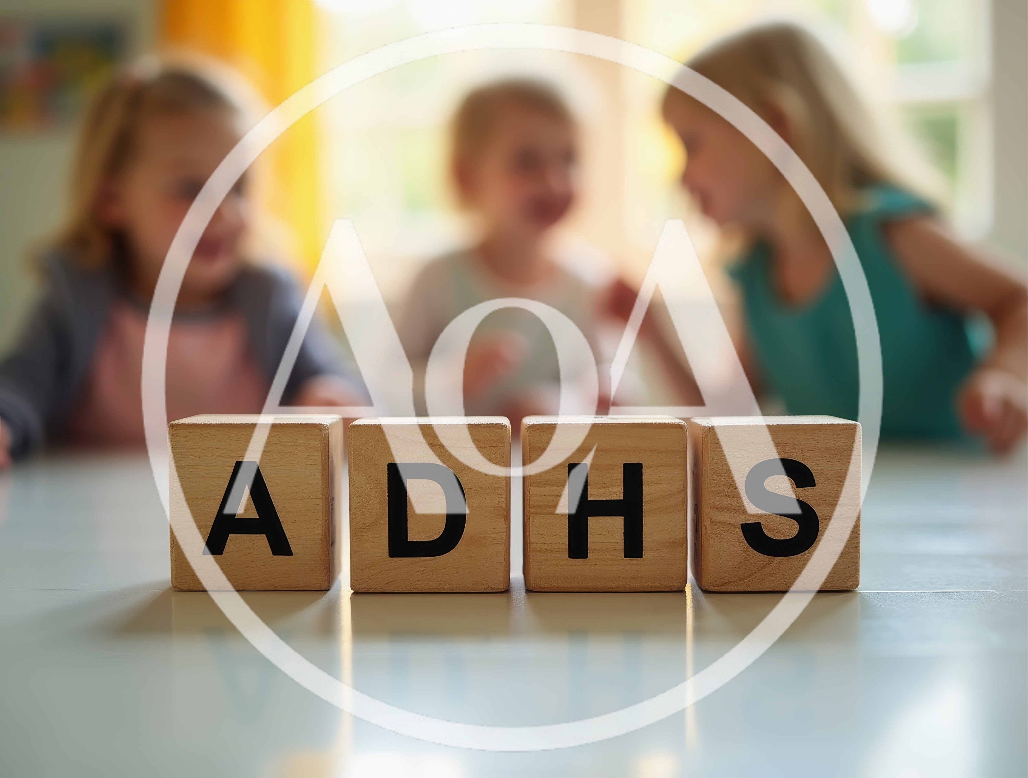 Wooden Blocks Spelling ADHS With Blurred Children In Background