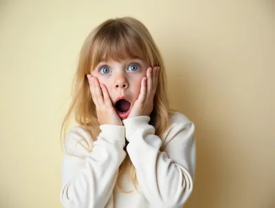 Surprised Young Girl With Hands On Cheeks