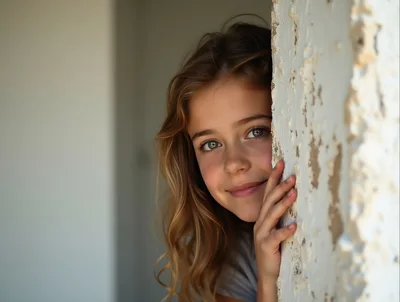 Young Girl Peeking From Behind A Textured Wall