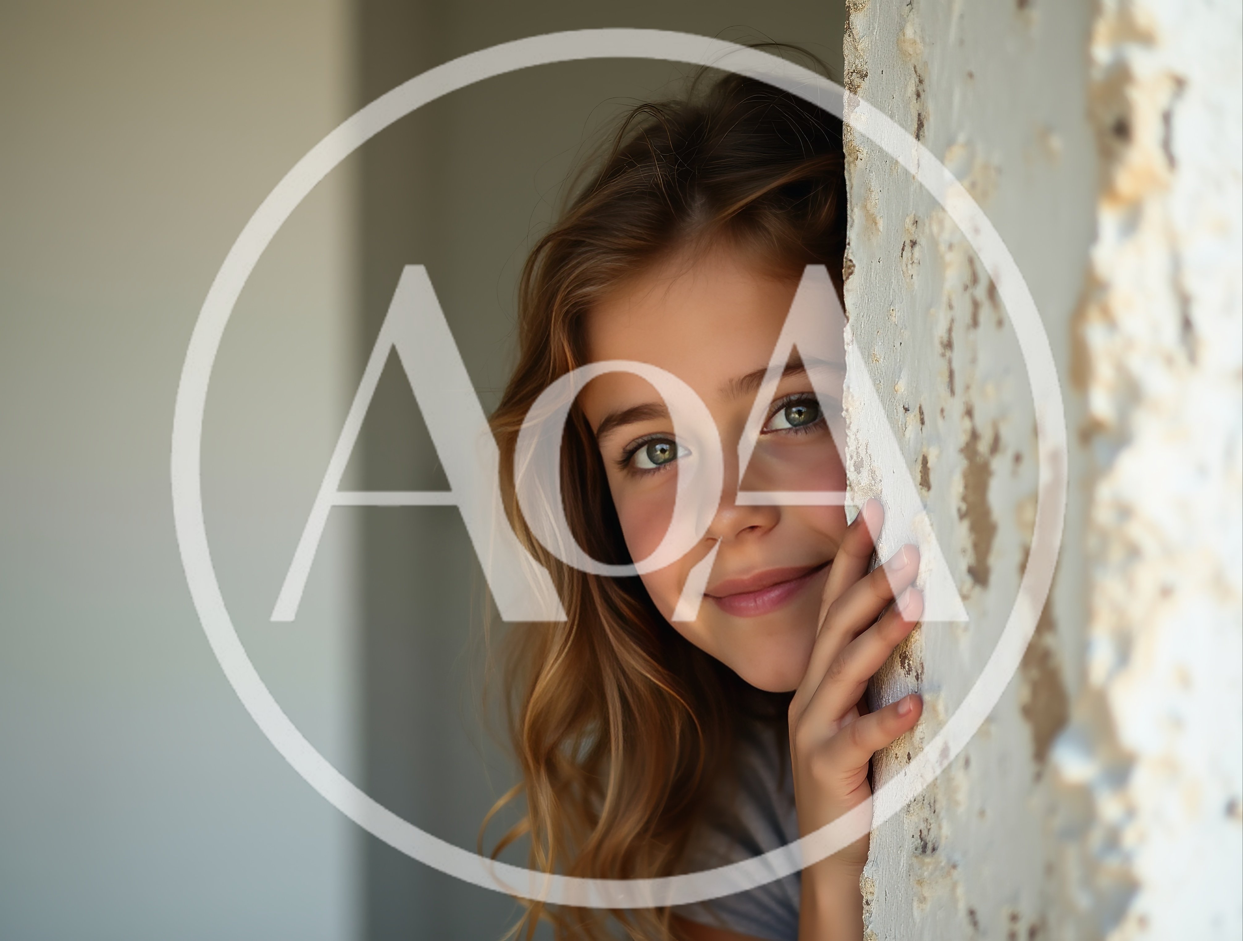 Young Girl Peeking From Behind A Textured Wall